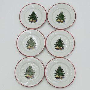Set Of 6 Cuthbertson American Christmas Tree Bread Plates 6.5" Red Ring Vintage